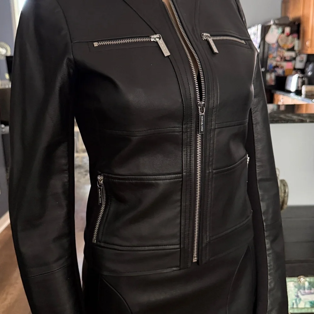 Michael Kors Black Leather Zip-Front Jacket - Picture 4 of 10